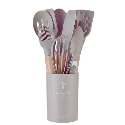 12-Piece Silicone Kitchen Utensil Set with Wooden Handles, Nonstick Cookware Safe Tools
