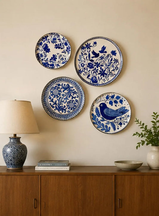 Set of 5 Blue White Botanical Bird Ceramic Plates, Vintage Farmhouse Gallery Wall Art