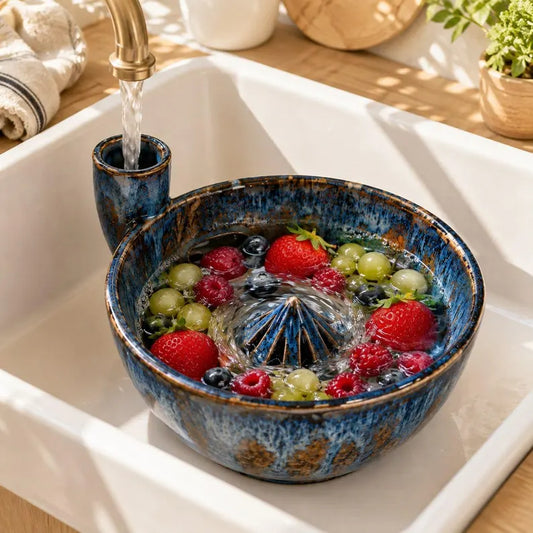 Blue Ceramic Fruit Rinser Bowl Self Draining Berry Colander Water Vortex Produce Washer Modern Kitchen Gift